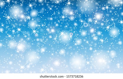 Falling snow. Vector illustration with snowflakes. Winter blue sky. Christmas texture. Sparkle snow background.