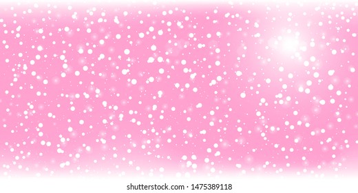 Falling snow. Vector illustration. White snowflakes on pink background. Snow Background.