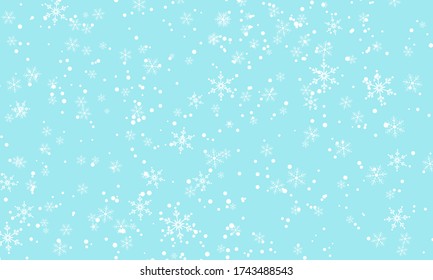 Falling Snow. Vector Illustration. White Snowflakes. Winter Blue Sky. Christmas Texture. Snow Fall Background.