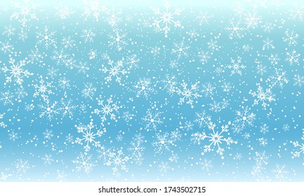 Falling Snow. Vector Illustration. White Snowflakes. Winter Blue Sky. Christmas Texture. Snow Fall Background.