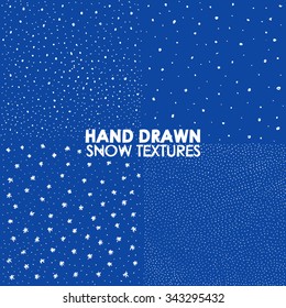 Falling snow vector seamless pattern. White splash on blue background. Winter snowfall hand drawn spray texture.