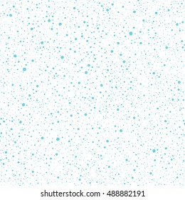 Falling snow vector seamless pattern. New Year, Christmas texture. Blue splash, spray, specks, flecks, snowflakes on white background. Uneven dots or spots of different size backdrop. Winter snowfall.
