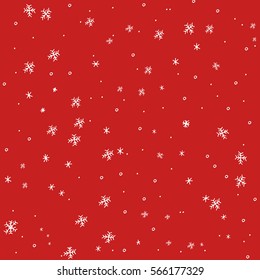 Falling snow vector seamless pattern. White snowflakes on red background. Winter snowfall texture. Flat design style