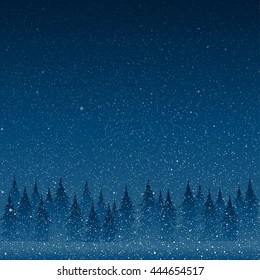 Falling snow vector. White splash on blue background. Winter snowfall hand drawn spray texture. Forest during a snow storm at night. Christmas tree. Universe, cosmos, outer space.