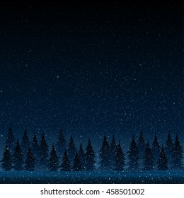 Falling snow vector. White splash on blue background. Winter snowfall hand drawn spray texture. Forest during a snow storm at night. Christmas tree. Universe, cosmos, outer space.