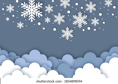Fallender Schnee. Weiße Wolke. Papier geschnitten Wetter. Weiße Schneeflocken. Winterzeit. Neujahr und Weihnachten.