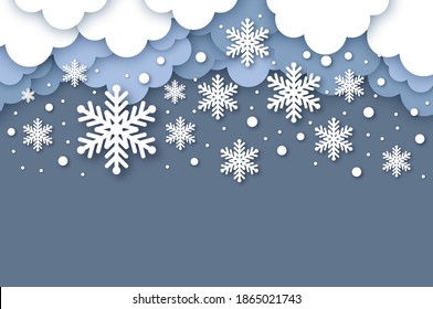Falling Snow. White cloud. Paper cut Weather. White snowflakes. Winter time. New Year and Christmas.