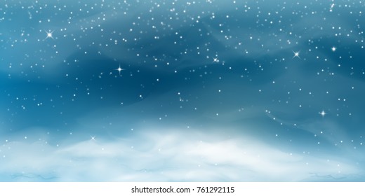 Falling snow. Winter christmas landscape with cold sky, blizzard, snowflakes, snowdrift in realistic style. Vector illustration
