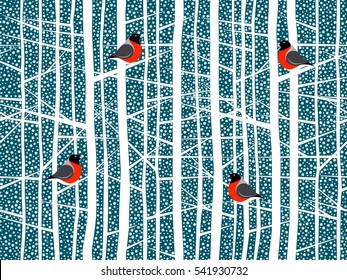 The falling snow and the winter woods with sitting on the branches bullfinches. Seamless background pattern. The design concept for postcard, flyer, poster or banner. Handmade vector drawing.