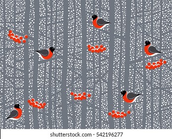 The falling snow and the winter woods with sitting on branches bullfinches and Rowan berries. Seamless background pattern. Handmade vector drawing.