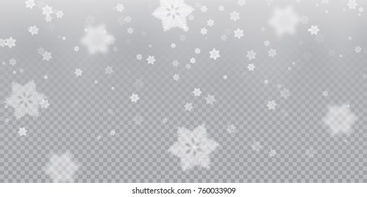 Falling snowflake pattern background of white cold snowfall overlay texture isolated on transparent background. Winter Xmas snow flake ice elements template for Christmas of New Year holiday design