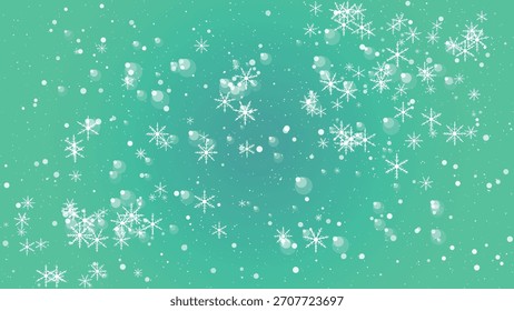 Copos de nieve que caen contra un fondo verde azulado degradado con efecto bokeh y Vector ligero suave