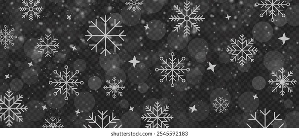 Anuncio de copos de nieve cayendo. Copos de nieve blancos volando en el aire. Fondo de nieve. Paisaje de invierno con nieve caída. Ilustración de nevada de invierno