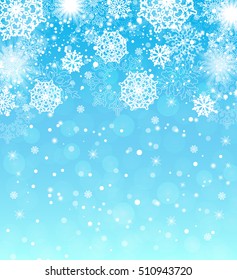 Falling snowflakes blue background. Christmas background.  Vector illustration.
