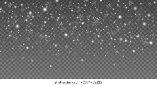 Falling snowflakes with blurry snow particles on dark transparent background. Vector illustration. EPS 10.