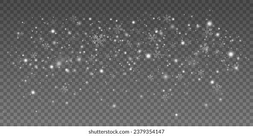 Falling snowflakes with blurry snow particles isolated on dark transparent background. Christmas graphic elements. Vector illustration. EPS 10.