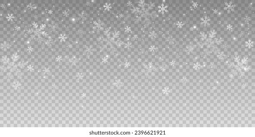 Falling snowflakes with blurry snowy particles on transparent background. Christmas snow effect. Vector illustration. EPS 10.