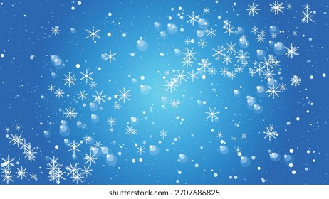 Falling snowflakes and bokeh effect on a vibrant blue winter background animation