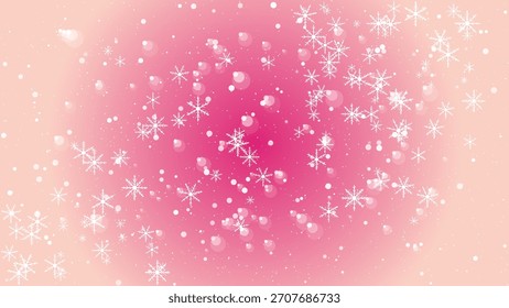 Copos de nieve que caen y superposición del efecto del bokeh en un fondo rosado suave al gradiente del melocotón