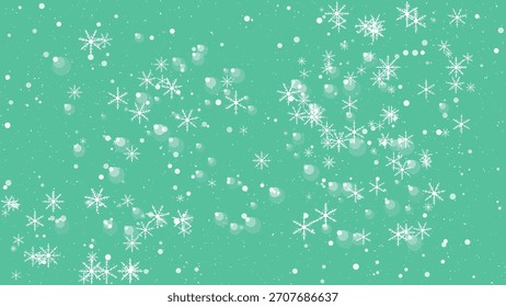 Copos de nieve que caen y luces bokeh contra un fondo verde azulado, gráfico de movimiento de invierno