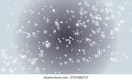 Copos de nieve que caen y luces bokeh contra un fondo gris suave del gradiente