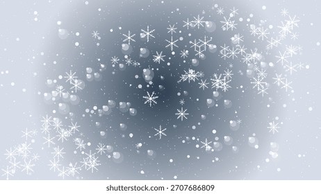 Copos de nieve que caen y luces bokeh contra un fondo azul degradado suave.
