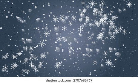 Caída de copos de nieve y luces bokeh de animación sobre un fondo azul oscuro