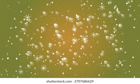 Copos de nieve que caen y luces del bokeh en un fondo verde y dorado del gradiente