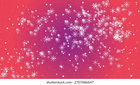 Copos de nieve que caen y luces bokeh sobre un fondo degradado de rosa a púrpura vibrante.
