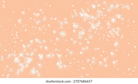 Falling snowflakes and bokeh lights on a soft peach background, festive and magical
