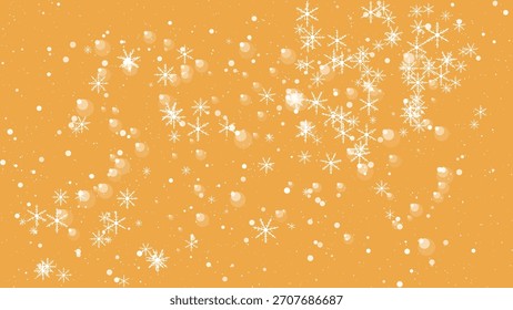 Copos de nieve que caen y luces del bokeh en un fondo anaranjado caliente, festivo del invierno