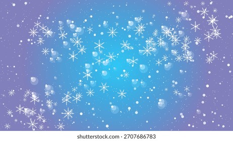 Copos de nieve que caen y luces del bokeh en un fondo azul y púrpura del gradiente