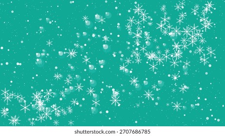 Cayendo copos de nieve y luces bokeh sobre un fondo verde azulado, Gráficos para video de invierno