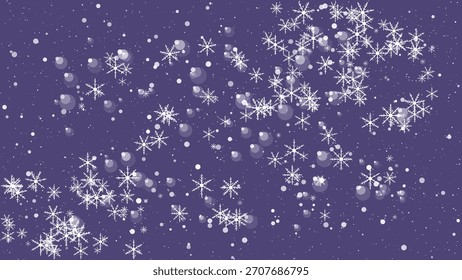 Falling snowflakes and bokeh lights on a deep purple winter night sky