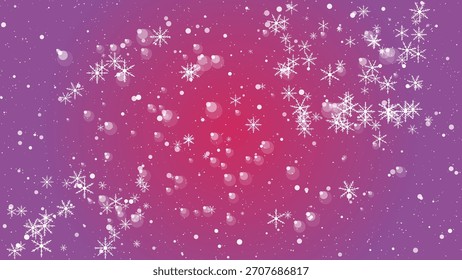 Copos de nieve que caen y luces bokeh sobre un fondo degradado de púrpura a rosa vibrante.