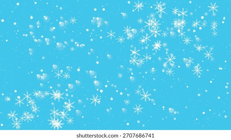 Los copos de nieve que caen y las luces del bokeh se superponen en un fondo azul brillante, gráfico del movimiento