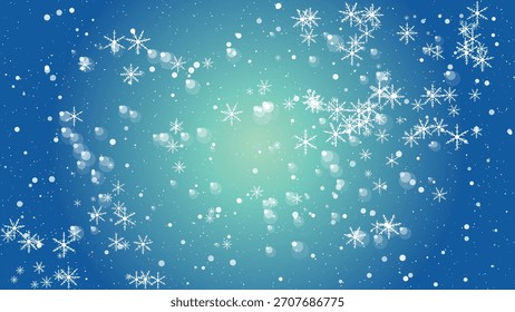 Copos de nieve que caen y luces del bokeh se superponen en un fondo azul del gradiente
