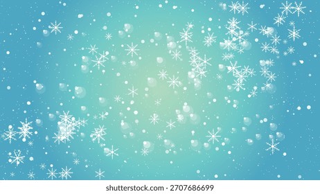 Copos de nieve que caen y bokeh en una animación de fondo azul y verde azulado degradado