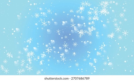 Copos de nieve que caen y bokeh en un fondo azul suave del gradiente, movimiento del invierno