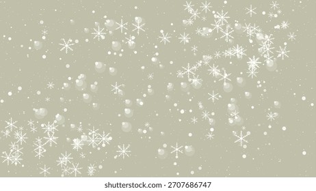 Copos de nieve que caen y superposición del bokeh en un fondo beige, telón de fondo de las vacaciones de invierno.