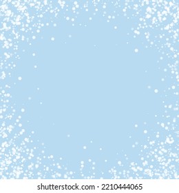 Falling snowflakes christmas background. Subtle flying snow flakes and stars on light blue winter backdrop. Beautifully falling snowflakes overlay. Square vector illustration.