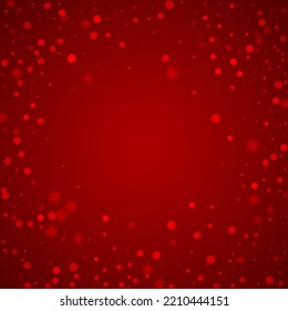 Falling snowflakes christmas background. Subtle flying snow flakes and stars on christmas red background. Beautifully falling snowflakes overlay. Square vector illustration.