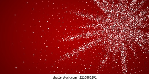 Falling snowflakes christmas background. Subtle flying snow flakes and stars on christmas red background. Beautifully falling snowflakes overlay. Wide vector illustration.