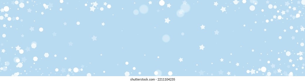 Falling snowflakes christmas background. Subtle flying snow flakes and stars on light blue winter backdrop. Beautifully falling snowflakes overlay. Panoramic vector illustration.