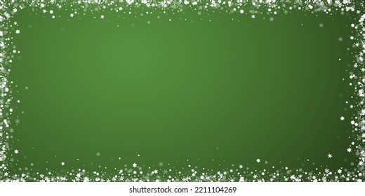 Falling snowflakes christmas background. Subtle flying snow flakes and stars on christmas green background. Beautifully falling snowflakes overlay. Wide vector illustration.