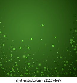 Falling snowflakes christmas background. Subtle flying snow flakes and stars on christmas green background. Beautifully falling snowflakes overlay. Square vector illustration.