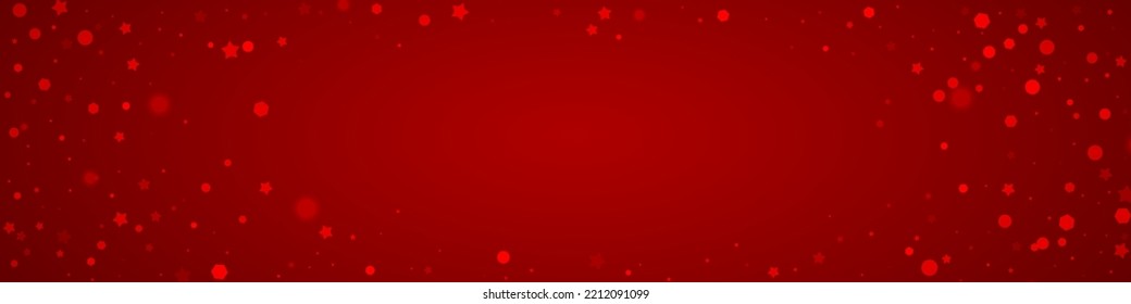Falling snowflakes christmas background. Subtle flying snow flakes and stars on christmas red background. Beautifully falling snowflakes overlay. Panoramic vector illustration.