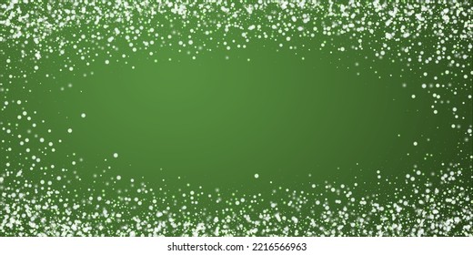 Falling snowflakes christmas background. Subtle flying snow flakes and stars on christmas green background. Beautifully falling snowflakes overlay. Wide vector illustration.