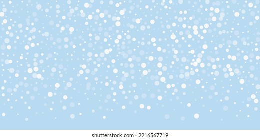 Falling snowflakes christmas background. Subtle flying snow flakes and stars on light blue winter backdrop. Beautifully falling snowflakes overlay. Wide vector illustration.