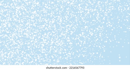 Falling snowflakes christmas background. Subtle flying snow flakes and stars on light blue winter backdrop. Beautifully falling snowflakes overlay. Wide vector illustration.